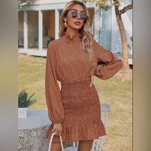ePretty Smocked Long Sleeve Mock Neck Leopard Dress - caramel